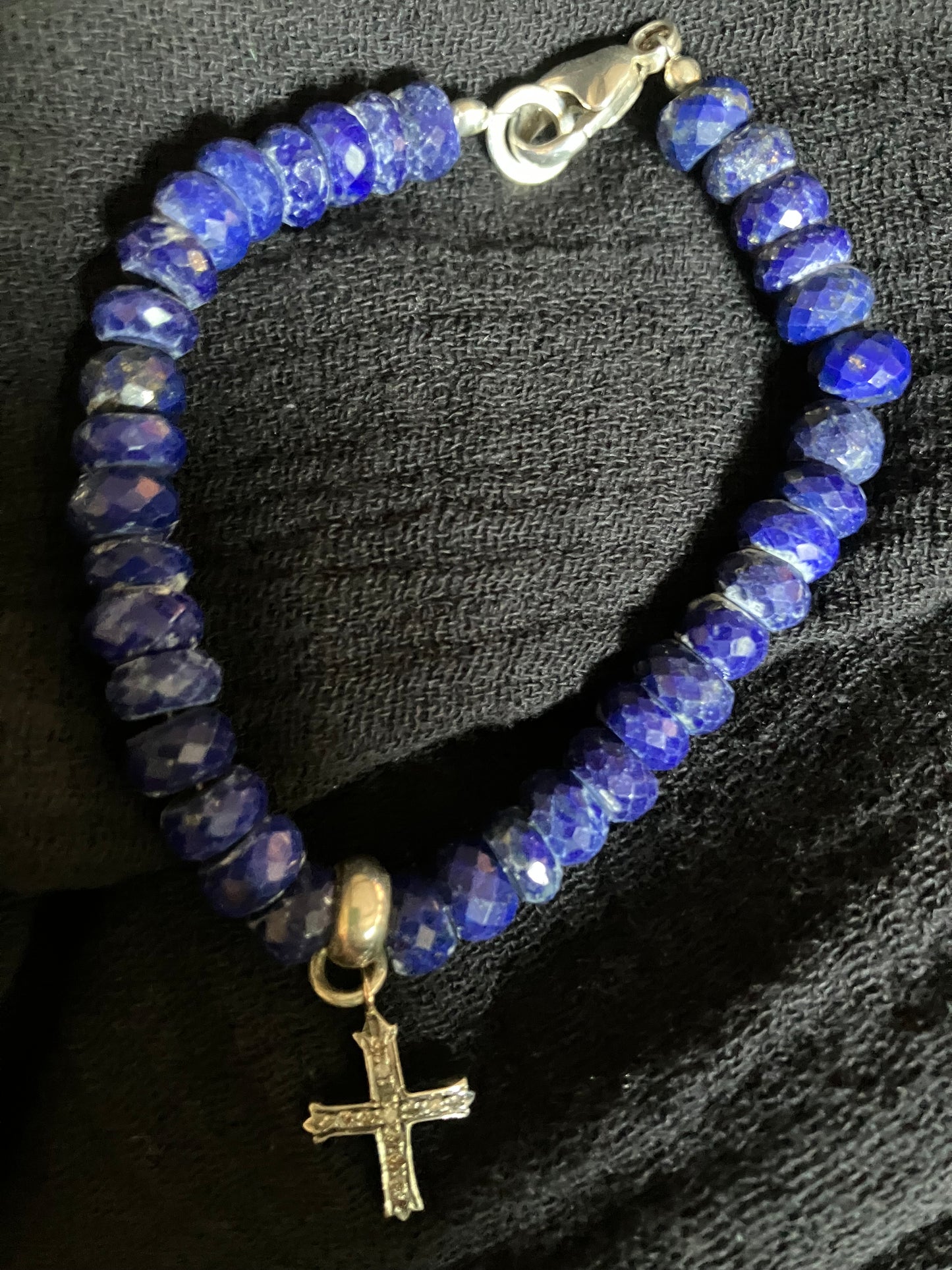 Blue Lapis & Sterling Silver Diamond Cross Charm