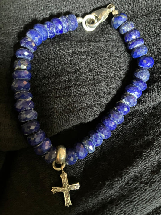 Blue Lapis & Sterling Silver Diamond Cross Charm