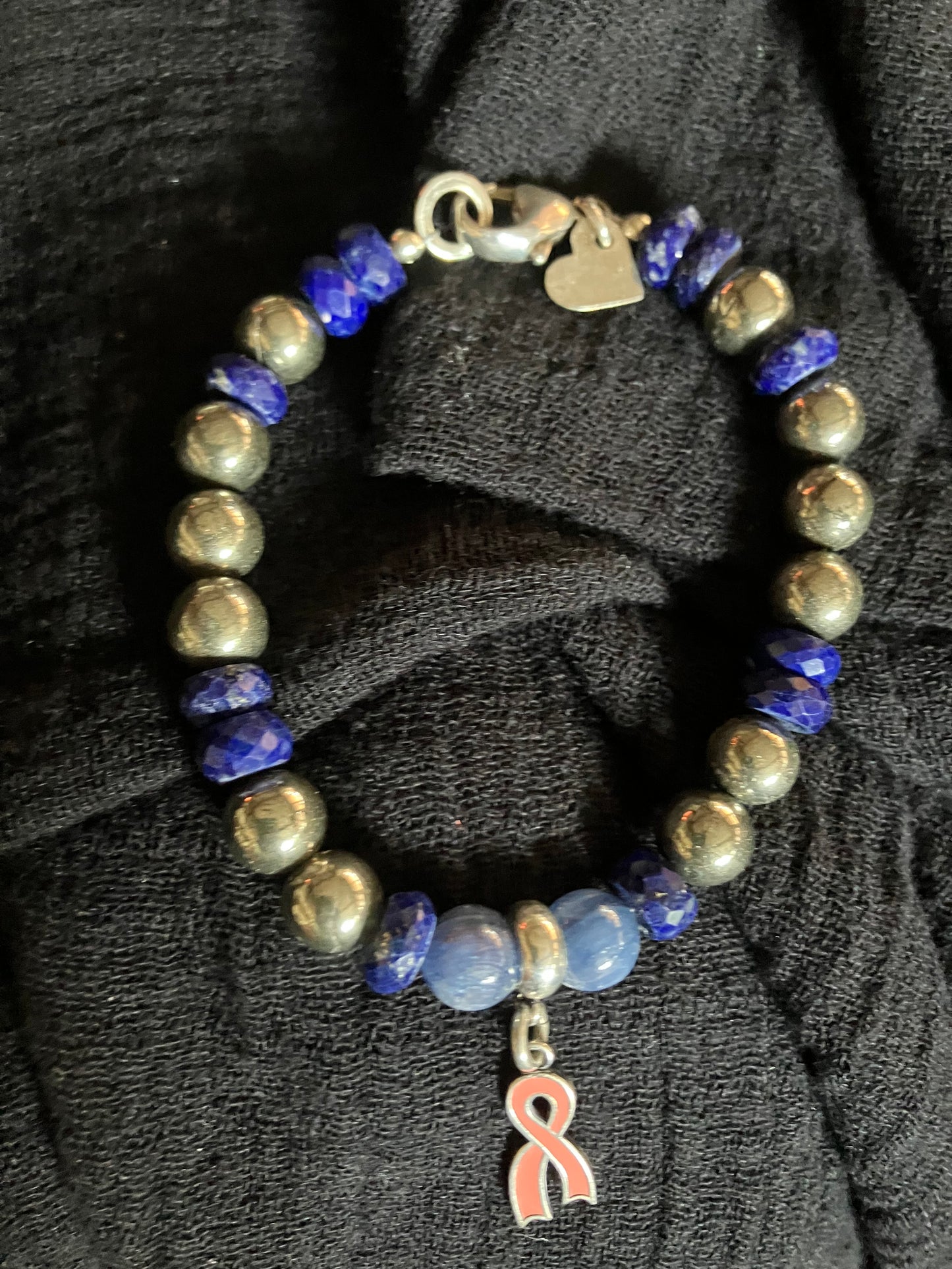Blue Lapis, Kyanite, Sterling Silver & Breast Cancer Charm