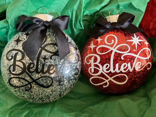 1 Flat Round 4-inch Glitter BELIEVE Christmas Ornament